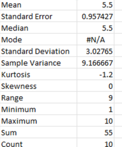 descriptive statistics for 1 to 10 from excel