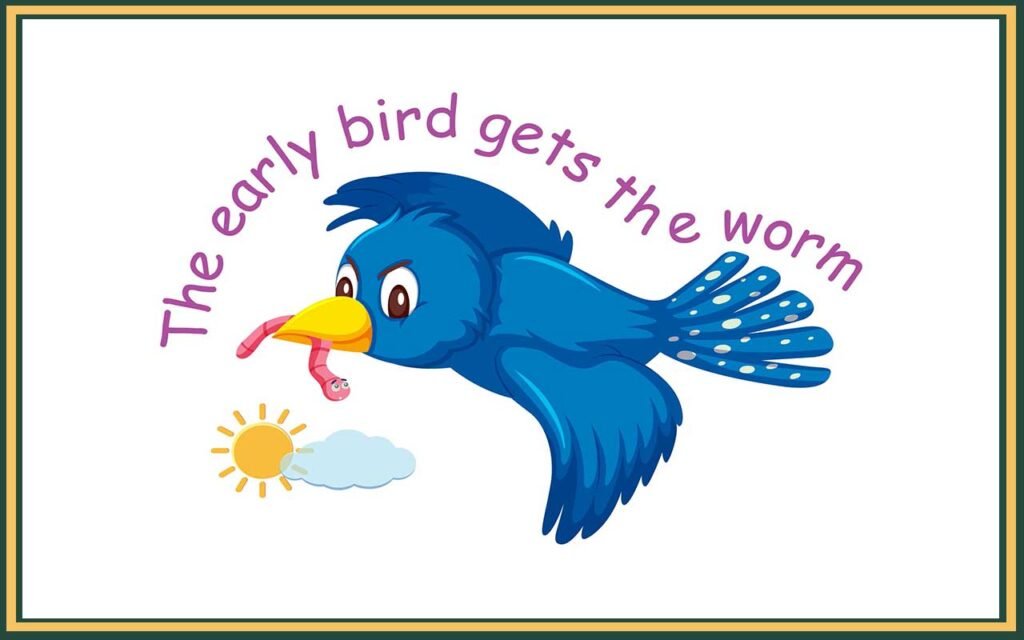 bird with a worm in its beak for the truism of the early bird catches the worm