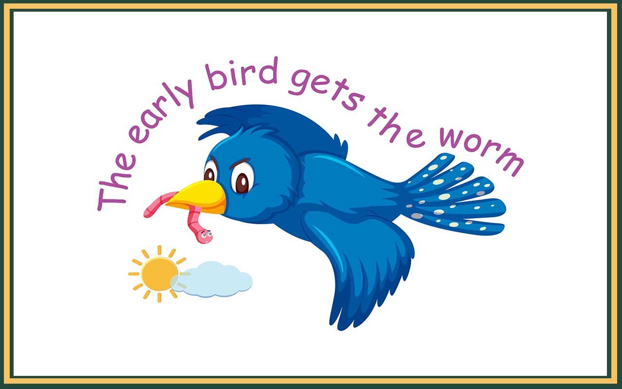 bird with a worm in its beak for the truism of the early bird catches the worm