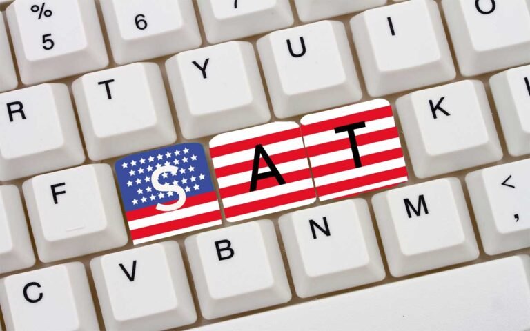 digital SAT punctuation guide seen with the US flag colors on a keyboard