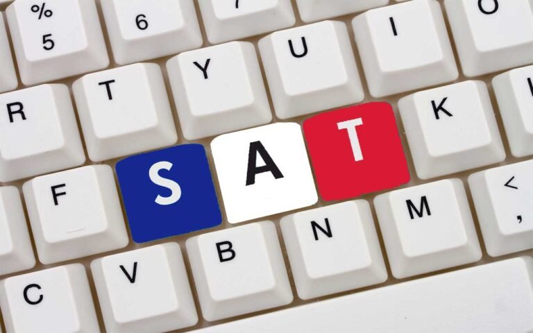 SAT verb form and subject modifier placement questions on image of keyboard colored keys in blue white and red