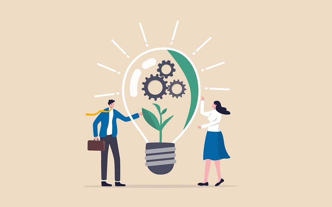 business innovative ideas represented by business people with a light bulb