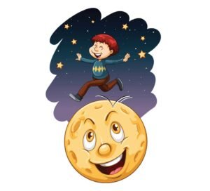 happy boy over a happy moon to represent the over the moon idiom