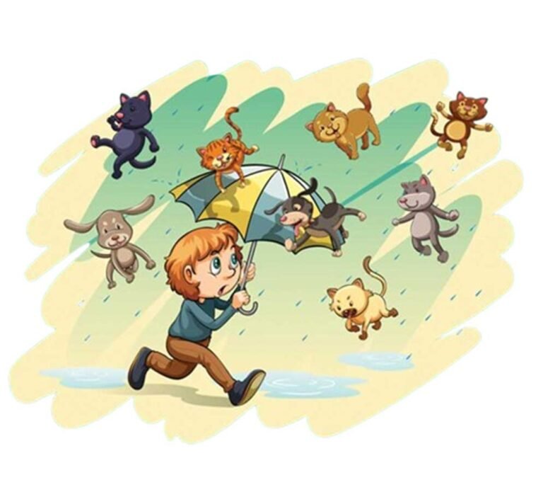 raining cats and dogs nature idiom represented by a boy with umbrella with dogs and cats above