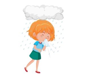 girl with a cold under a cloud to represent feeling under the weather