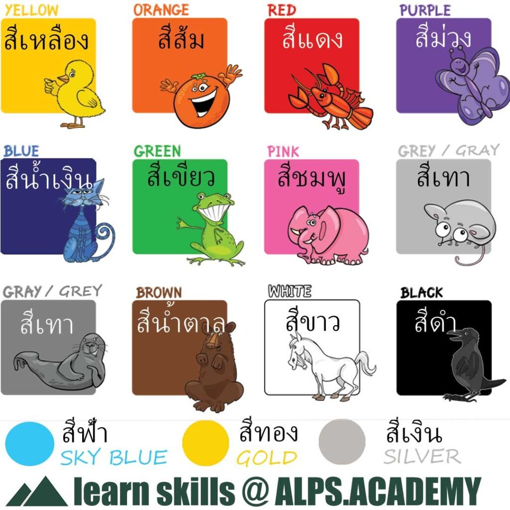 colors in English with Thai labels